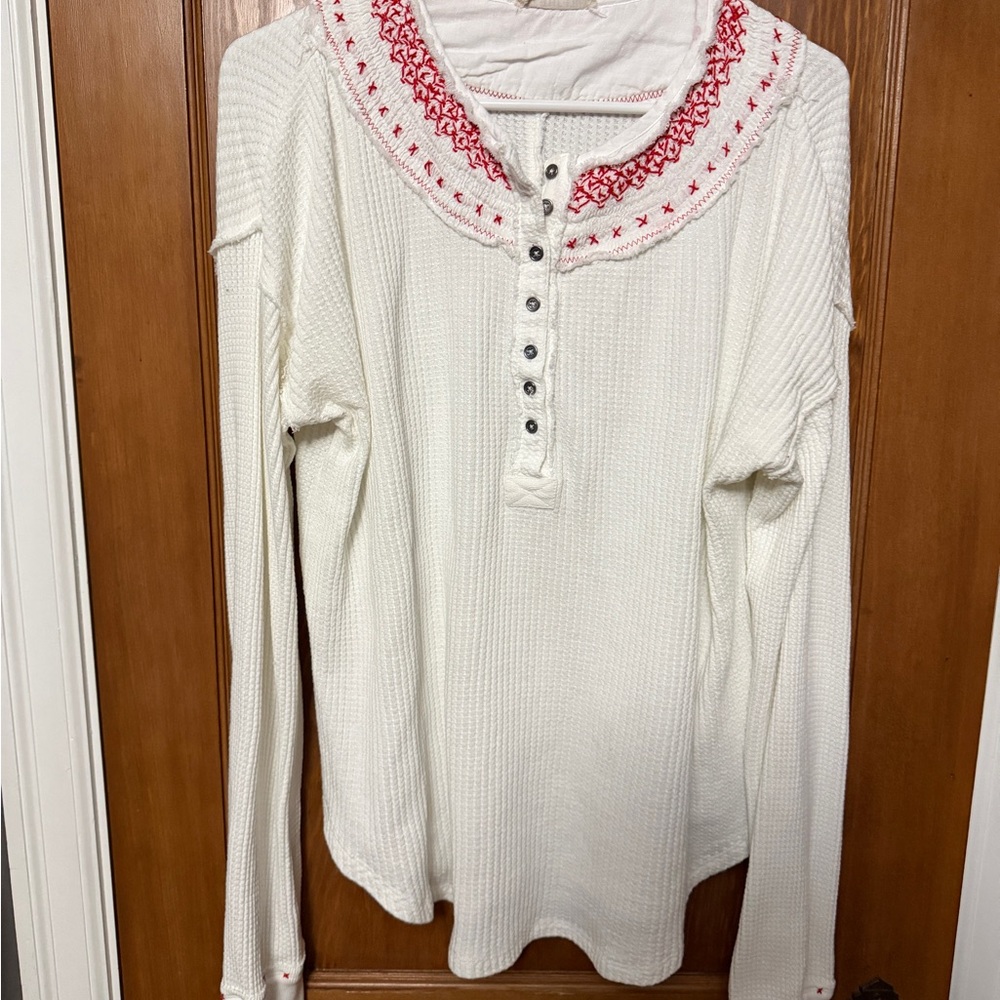 We The Free White and Red Button Down Shirt